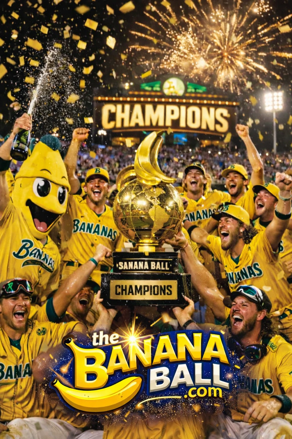 savannah banana team holding champions trophy