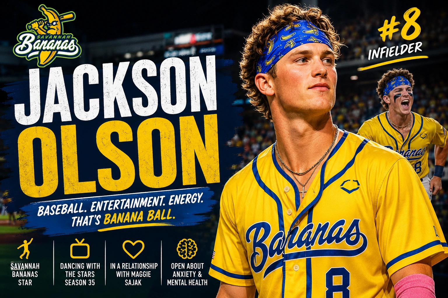 Jackson Olson Savannah Bananas infielder smiling on the field in his number 8 uniform